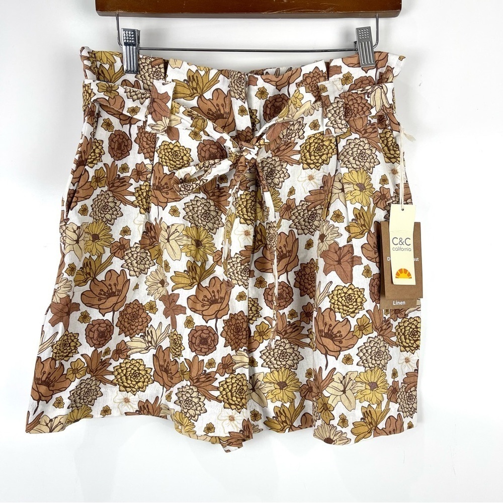 NEW C&C California Brown Floral Linen Paperbag High Waist Shorts Women's Size 6